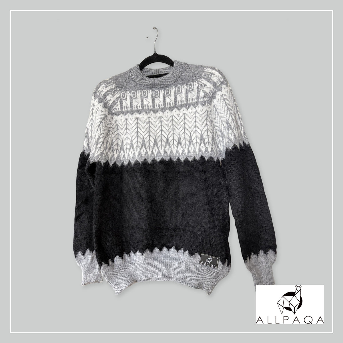 Handmade alpaca jersey in Black and light grey with white andean patterns