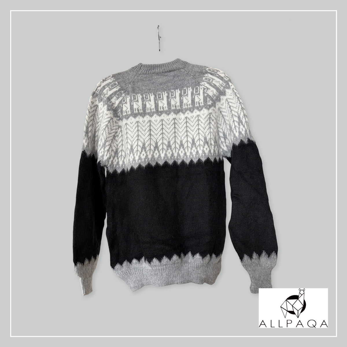 Handmade alpaca jersey in Black and light grey with white andean patterns - additional image