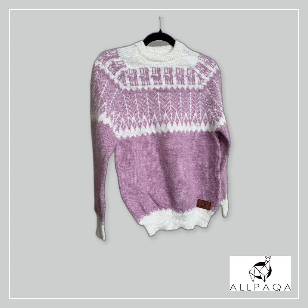 Handmade alpaca jersey in Light pink and white with andean patterns