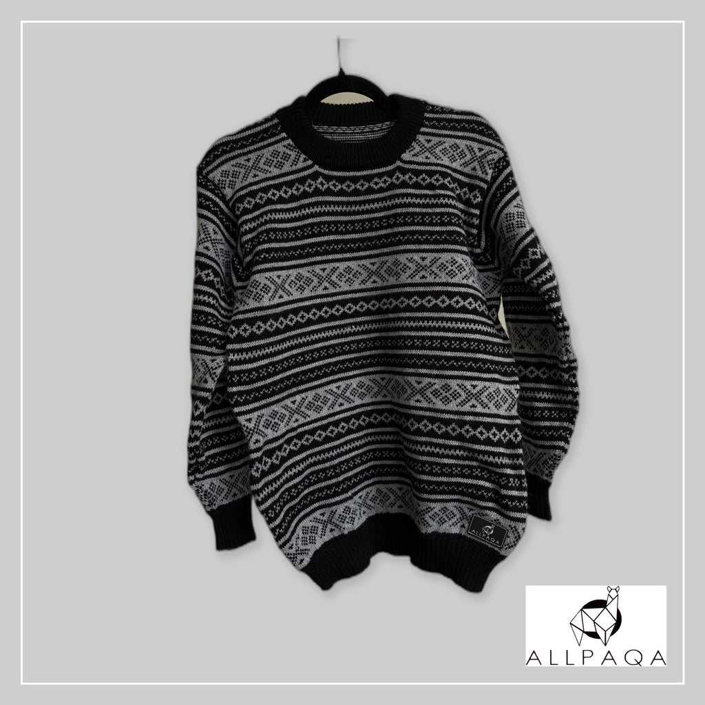 Handmade alpaca jersey in Black and light grey