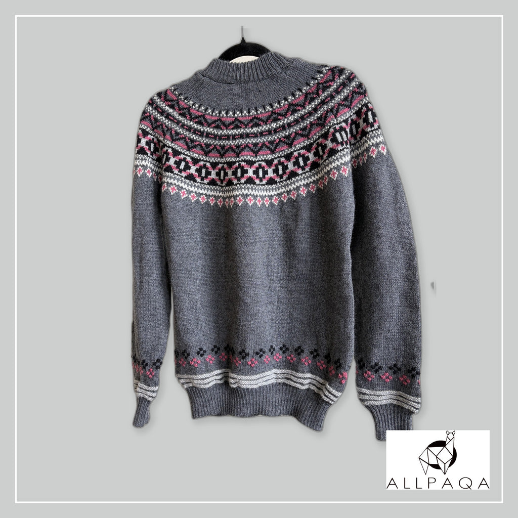 Handmade alpaca jersey in Dark grey with pink-black and white andean patterns - additional image