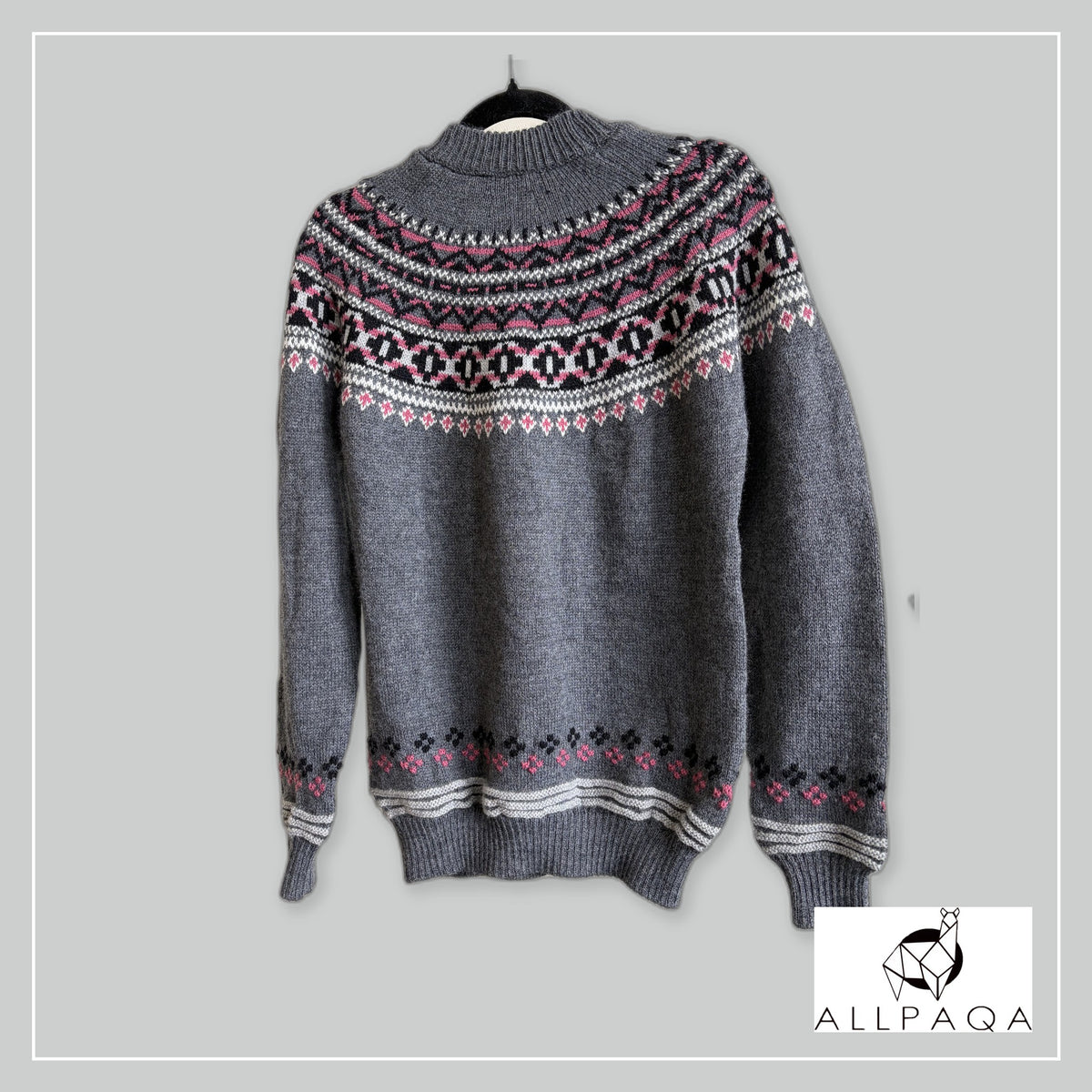 Handmade alpaca jersey in Dark grey with pink-black and white andean patterns - additional image