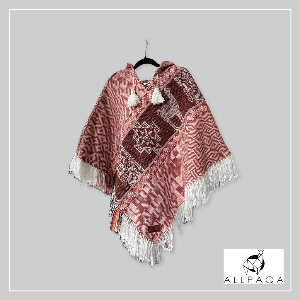 Handmade alpaca poncho in Red tones with Andean pattern in white