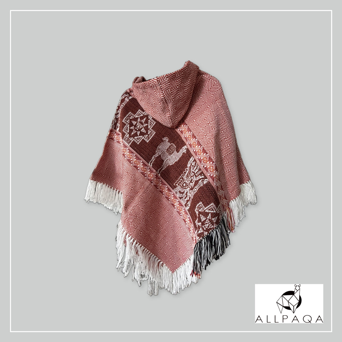 Handmade alpaca poncho in Red tones with Andean pattern in white - additional image