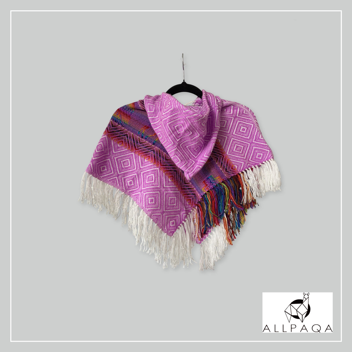 Handmade alpaca poncho in Bright pink with stripes and alpaca patterns in rainbow colours - additional image
