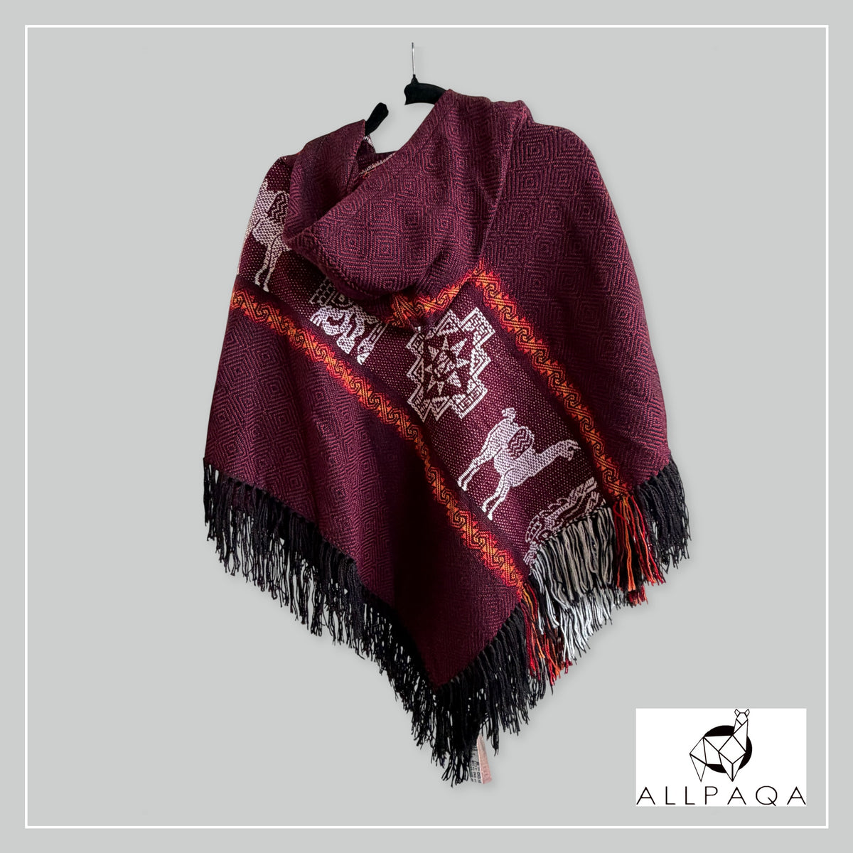Handmade alpaca poncho in Burgundy with red - oranges stripes and andean patterns in white - additional image
