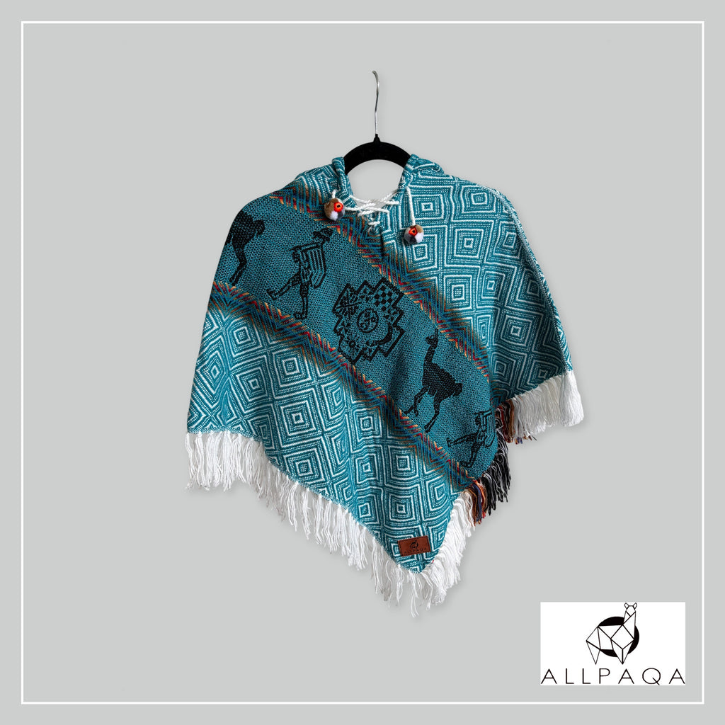 Handmade alpaca poncho in Teal with muticolour stripes and andean pattern in black