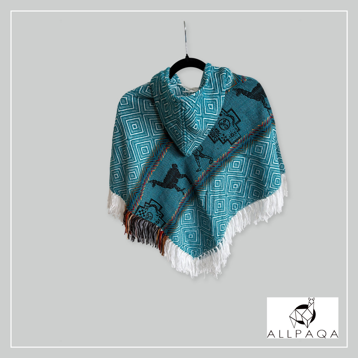 Handmade alpaca poncho in Teal with muticolour stripes and andean pattern in black - additional image