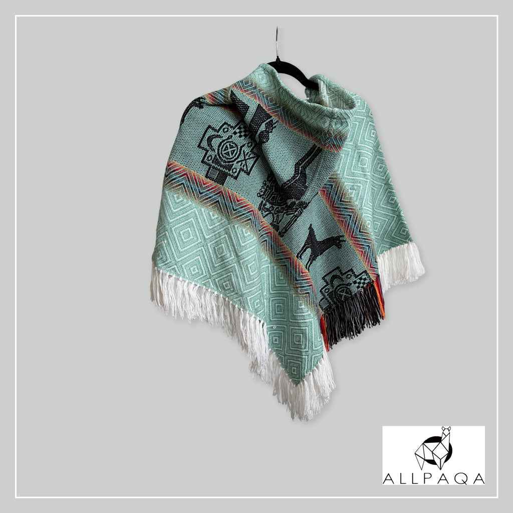 Handmade alpaca poncho in Light summer green with multicolour stripes and andean patterns in black - additional image