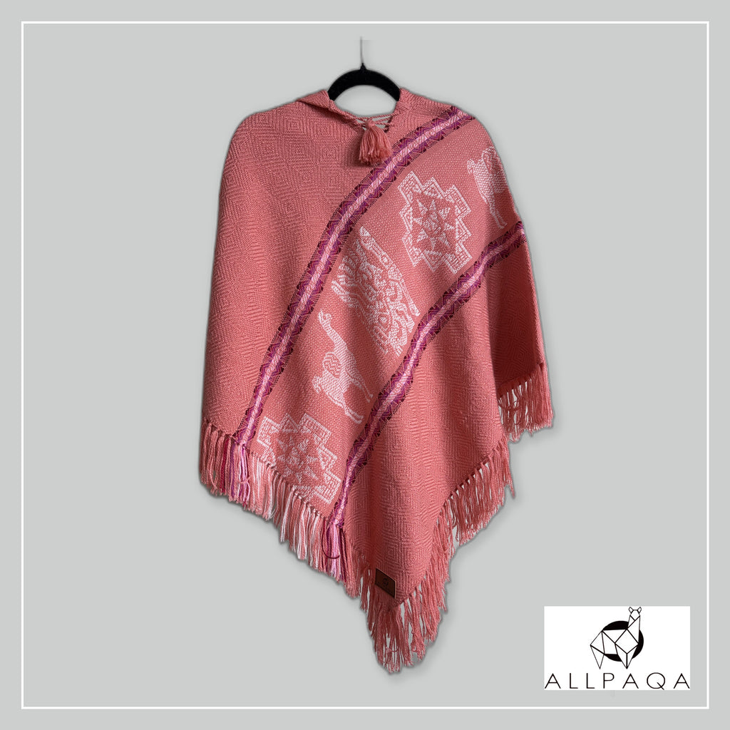Handmade alpaca poncho in Salmon pink with pink - purple stripes and andean patterns in white