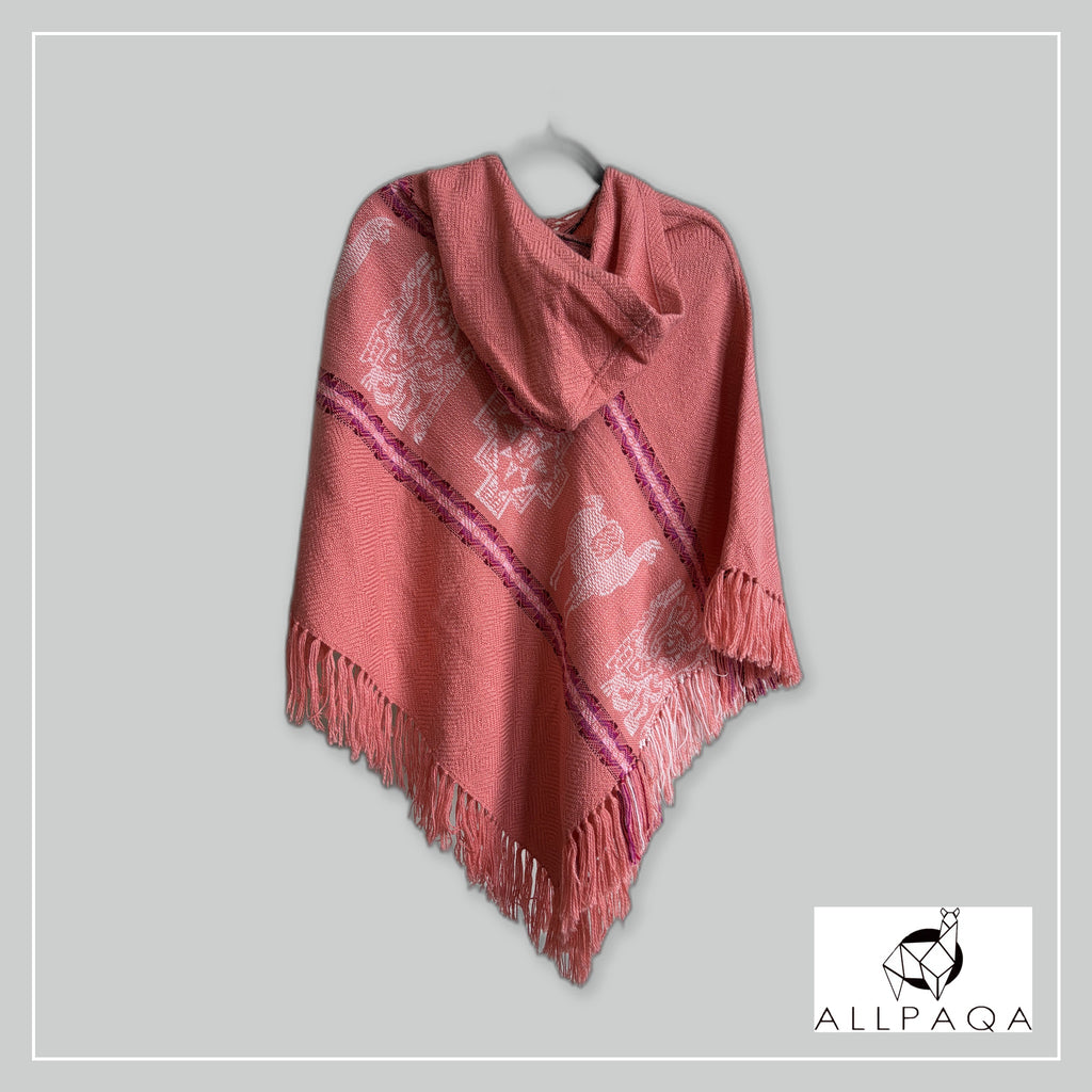Handmade alpaca poncho in Salmon pink with pink - purple stripes and andean patterns in white - additional image
