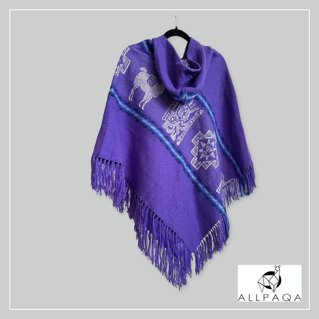 Handmade alpaca poncho in Purple with shades of blue stripes and andean patterns in white - additional image