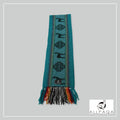 Handmade alpaca scarf in Teal with multicolour stripes and alpaca pattern in black