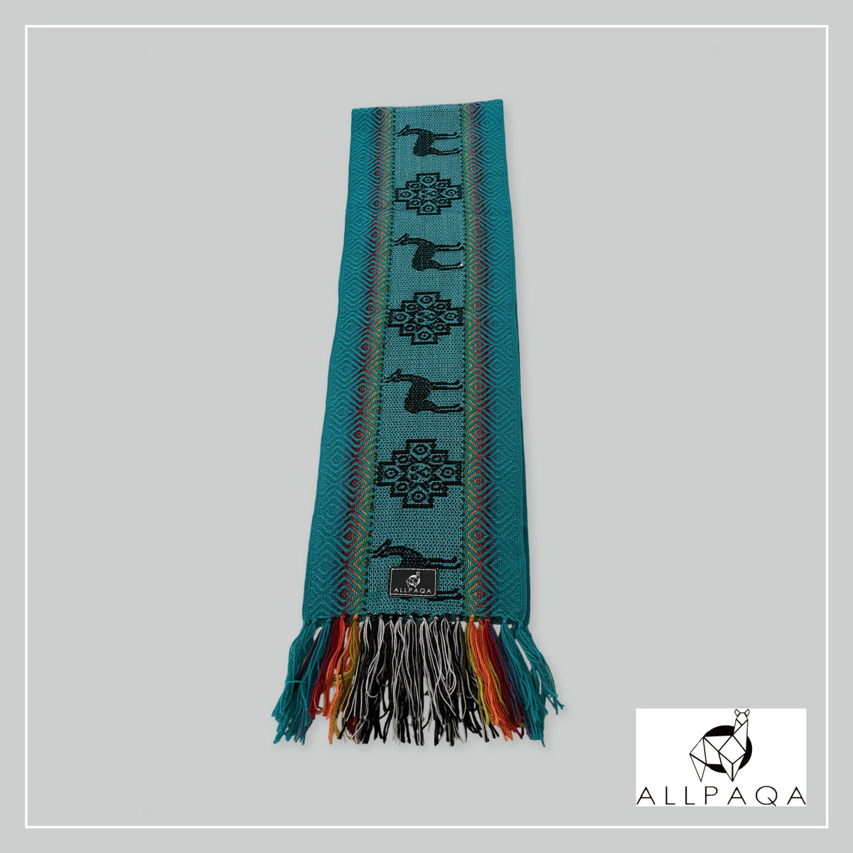 Handmade alpaca scarf in Teal with multicolour stripes and alpaca pattern in black