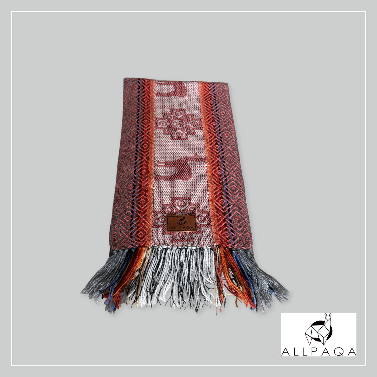 Handmade alpaca scarf in Tones of red and white and red alpaca pattern