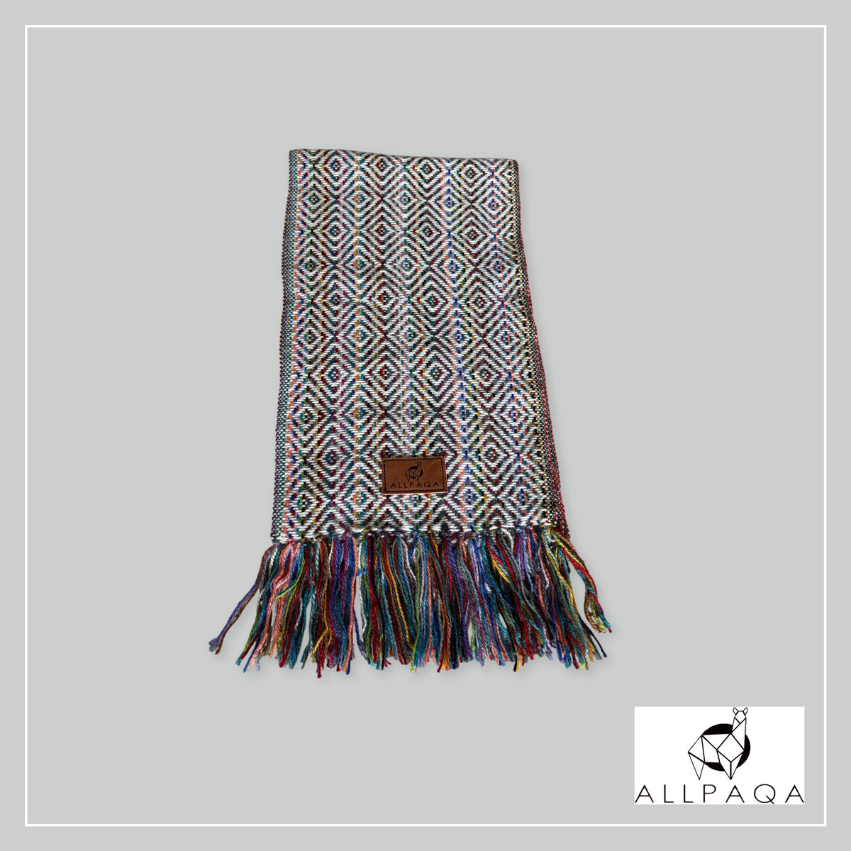 Handmade alpaca scarf in Rainbow colours with white