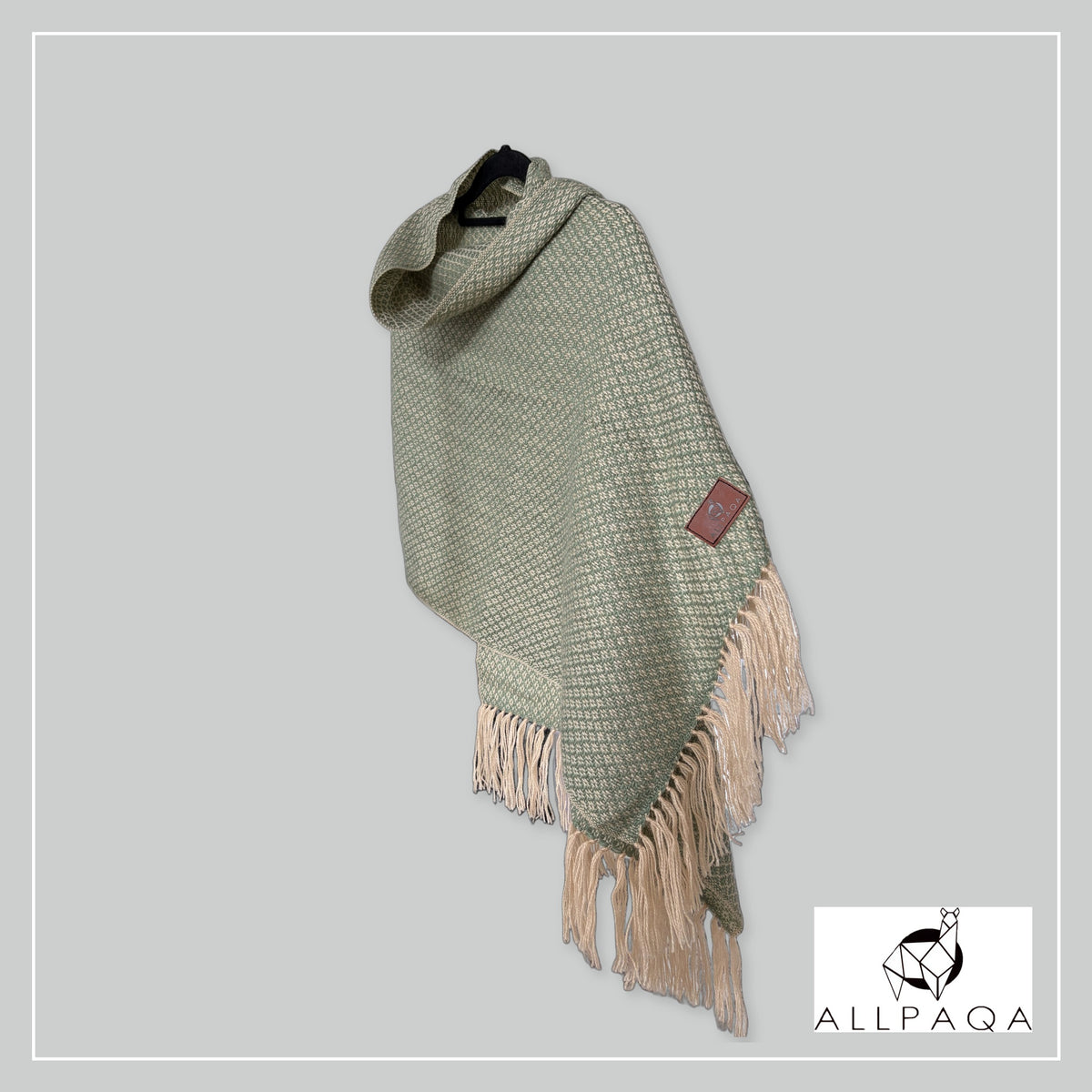Handmade alpaca shawl in Sage green and gold