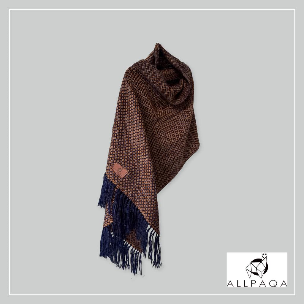Handmade alpaca shawl in Brown and dark blue