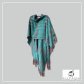 Handmade alpaca shawl in Turquiose green with multicoloured strips
