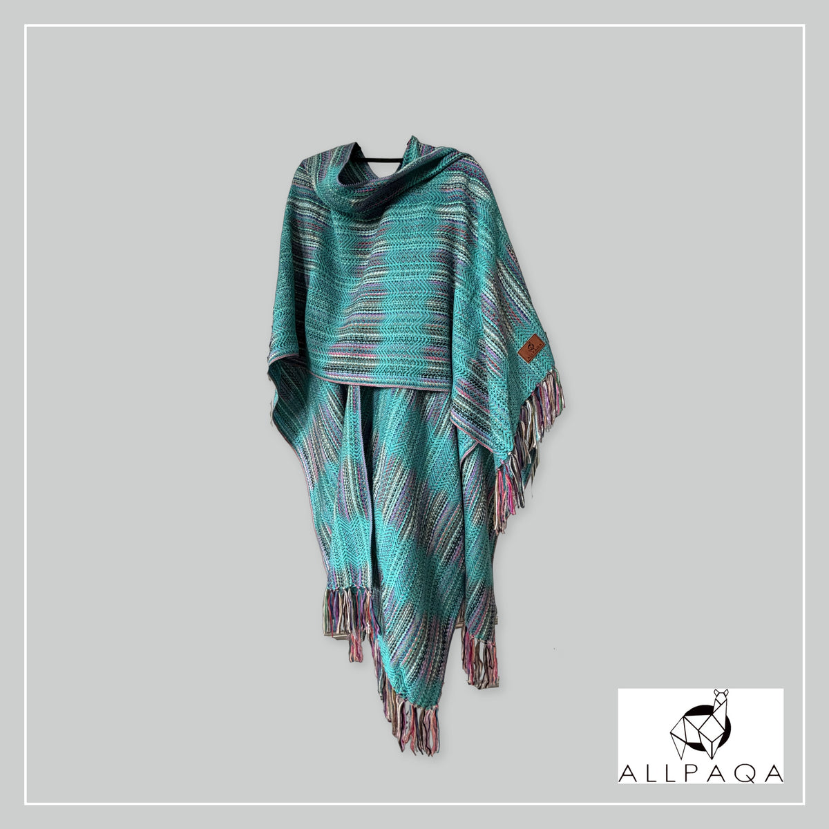 Handmade alpaca shawl in Turquiose green with multicoloured strips