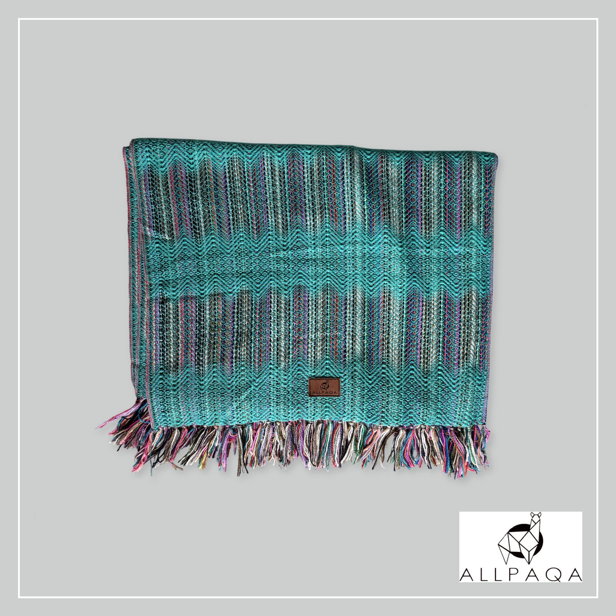 Handmade alpaca shawl in Turquiose green with multicoloured strips - additional image