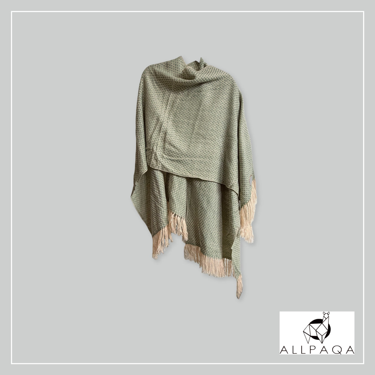 Handmade alpaca shawl in Sage green and gold