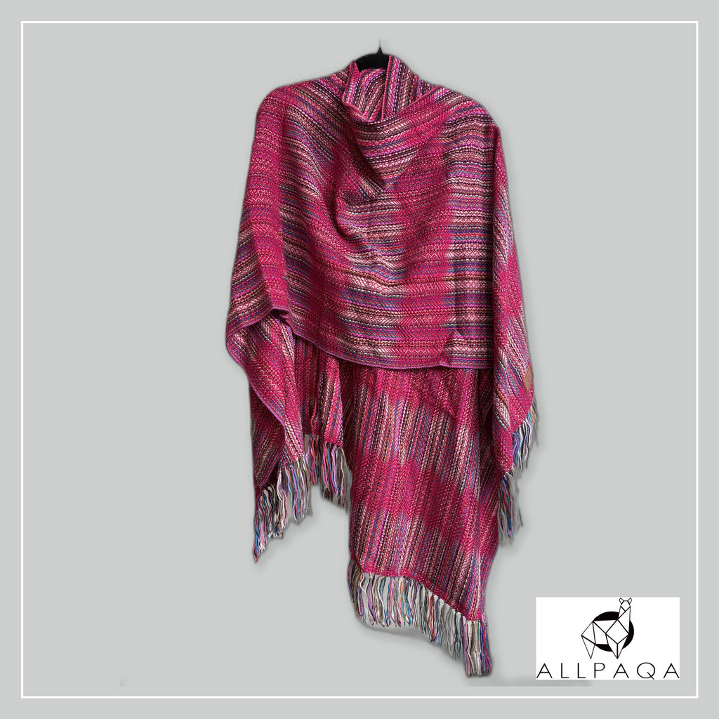 Handmade alpaca shawl in Shades of deep pink and multicoloured stripes
