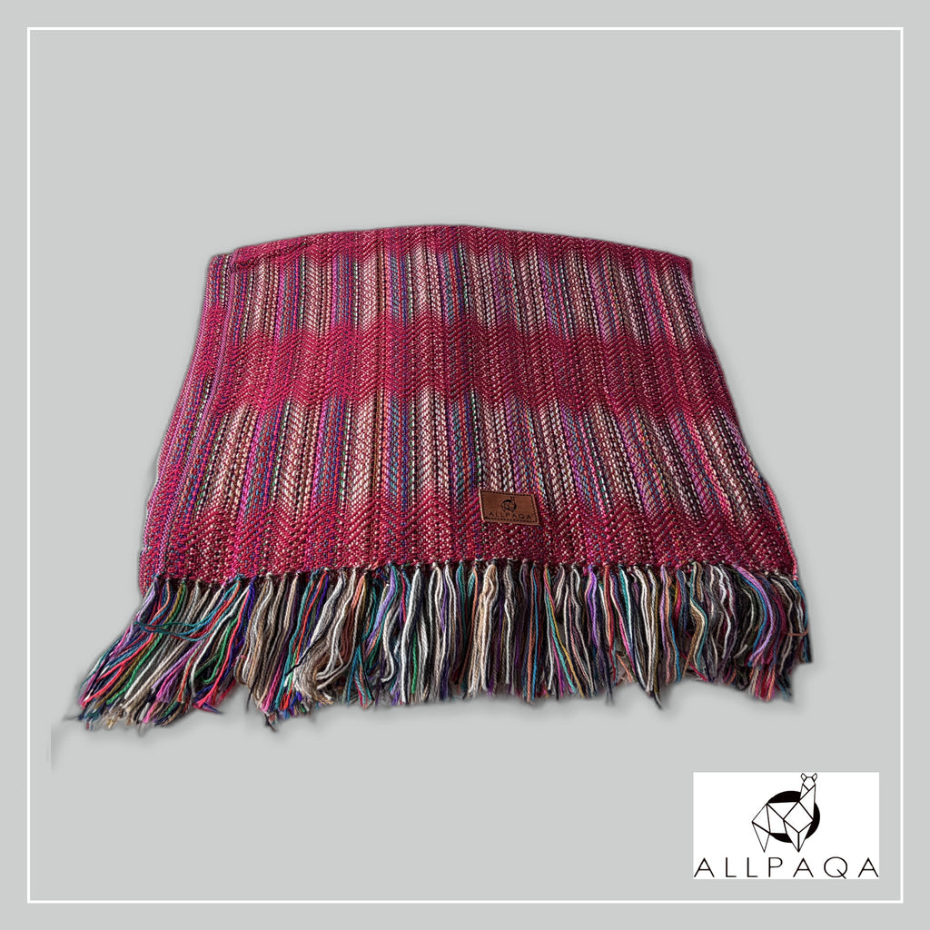 Handmade alpaca shawl in Shades of deep pink and multicoloured stripes - additional image