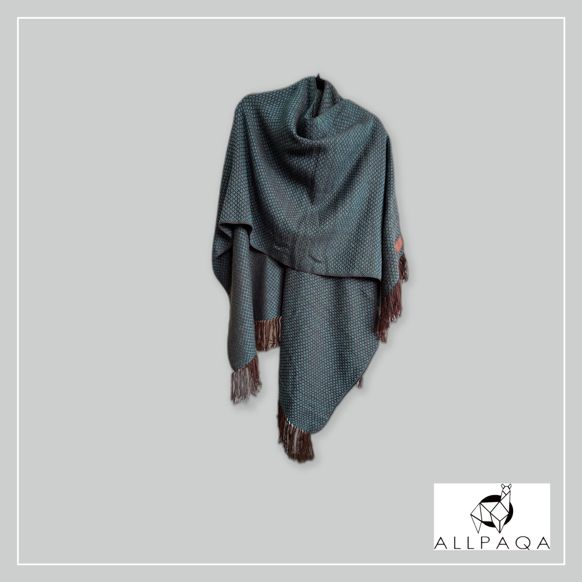 Handmade alpaca shawl in Dark teal and brown