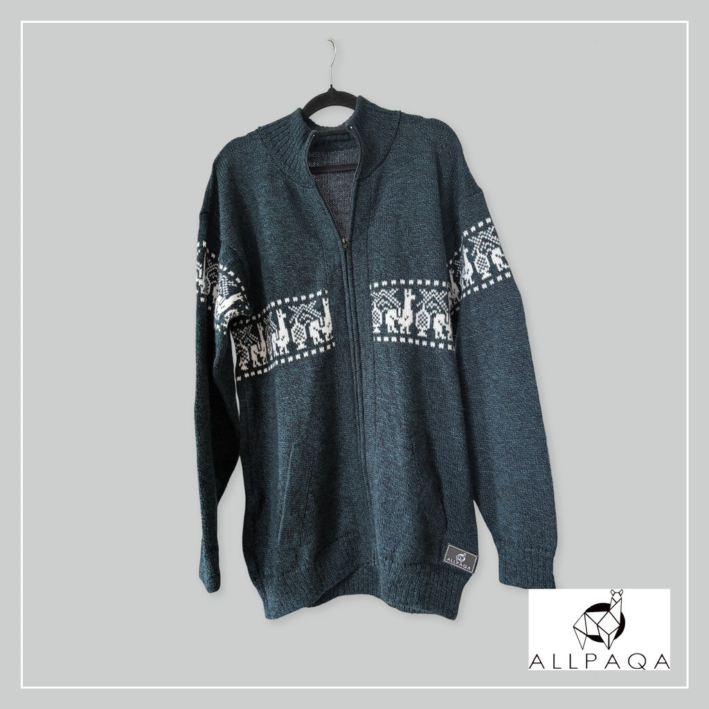 Handmade alpaca cardigan in Dark teal with white alpaca pattern