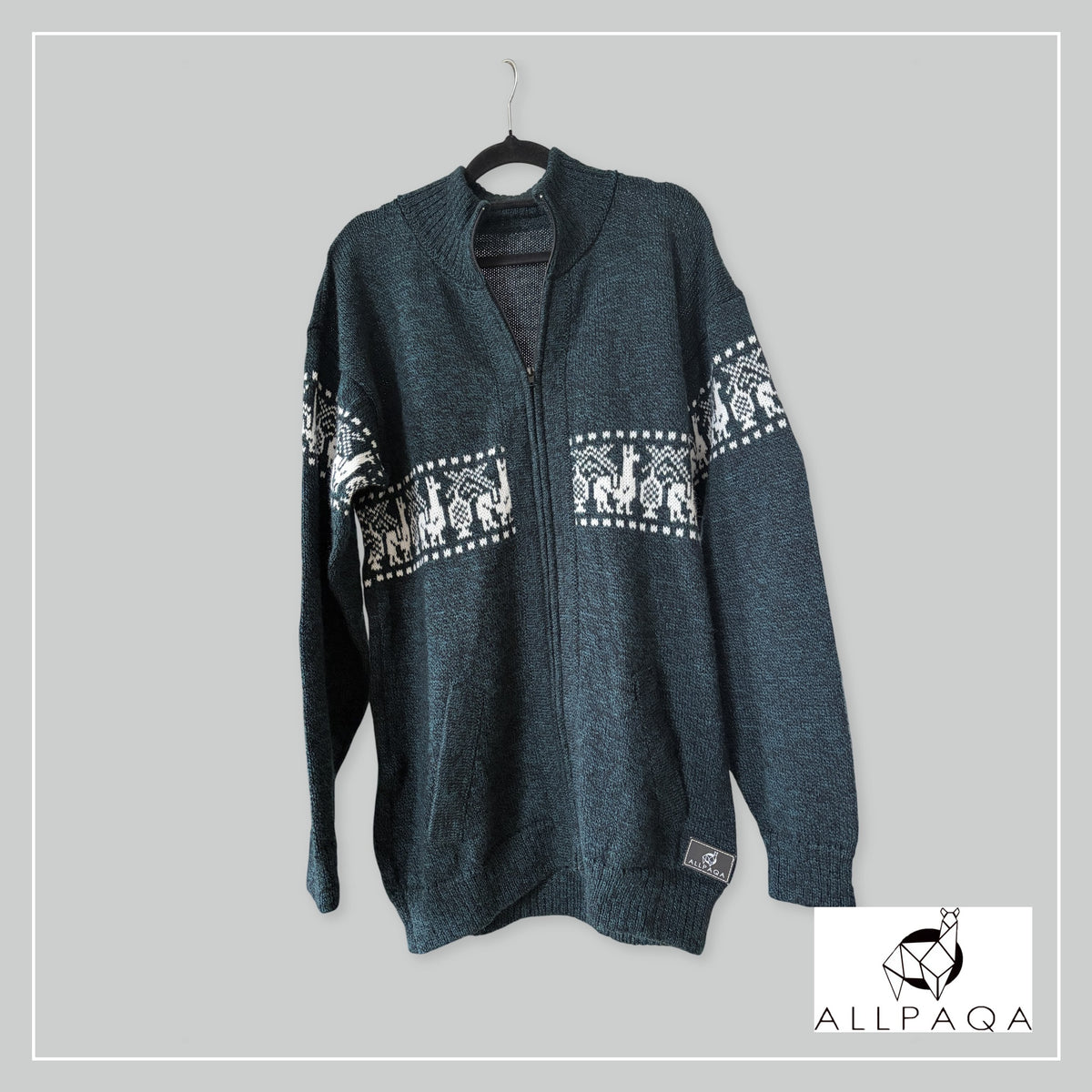 Handmade alpaca cardigan in Dark teal with white alpaca pattern