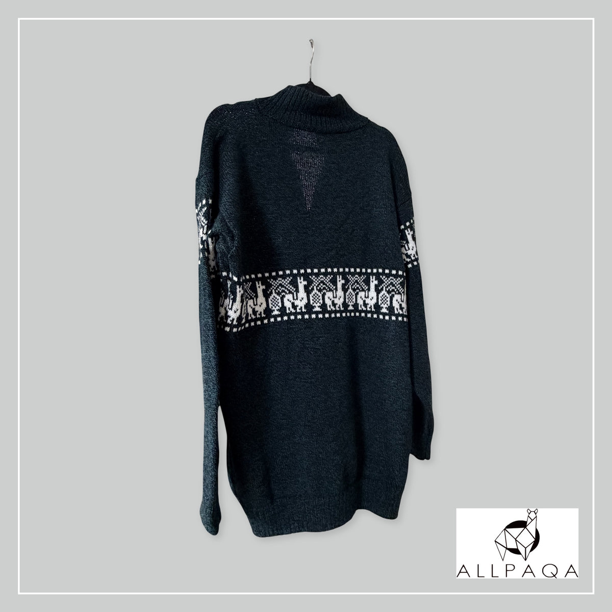 Handmade alpaca cardigan in Dark teal with white alpaca pattern - additional image