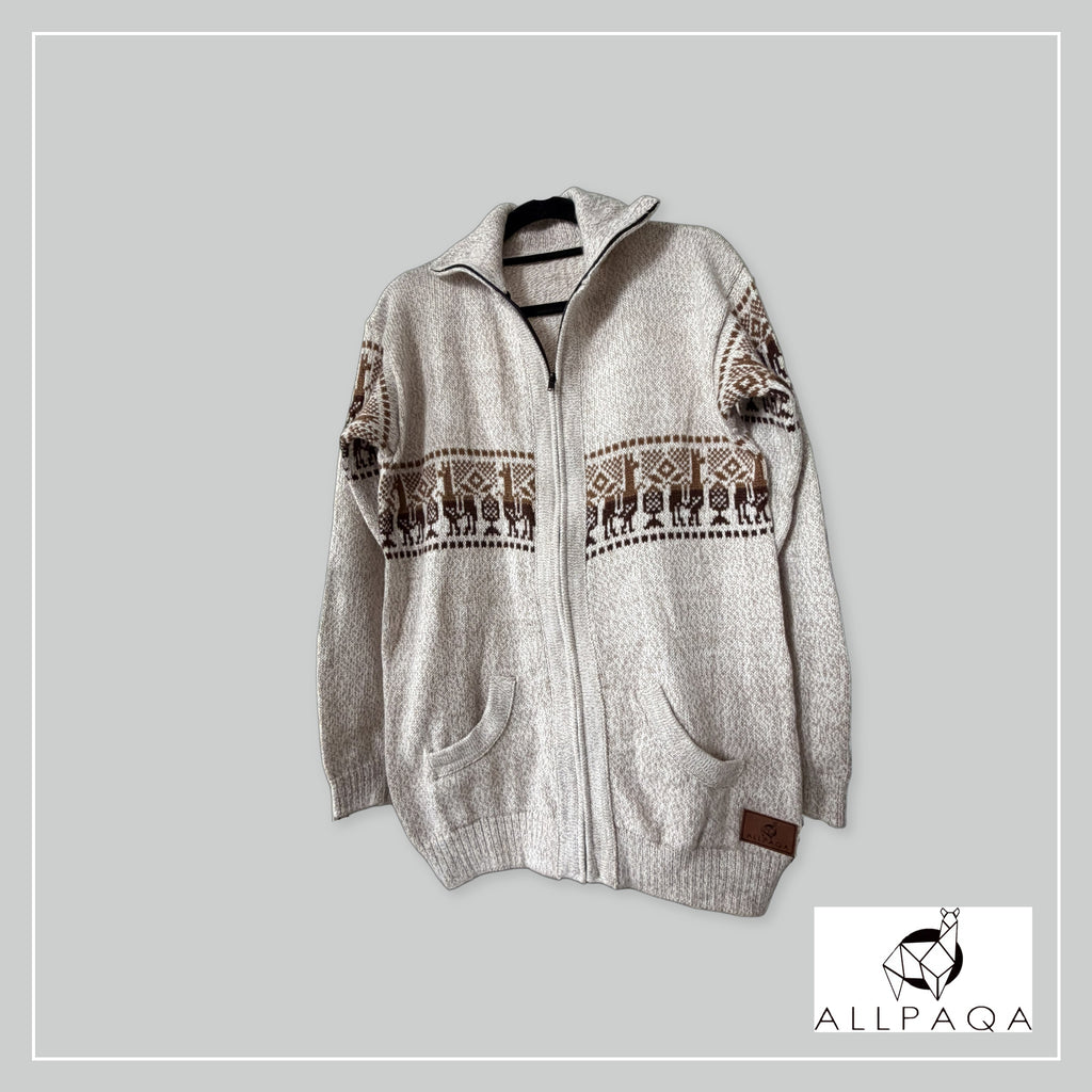 Handmade alpaca cardigan in Cream with alpaca pattern in brown tones