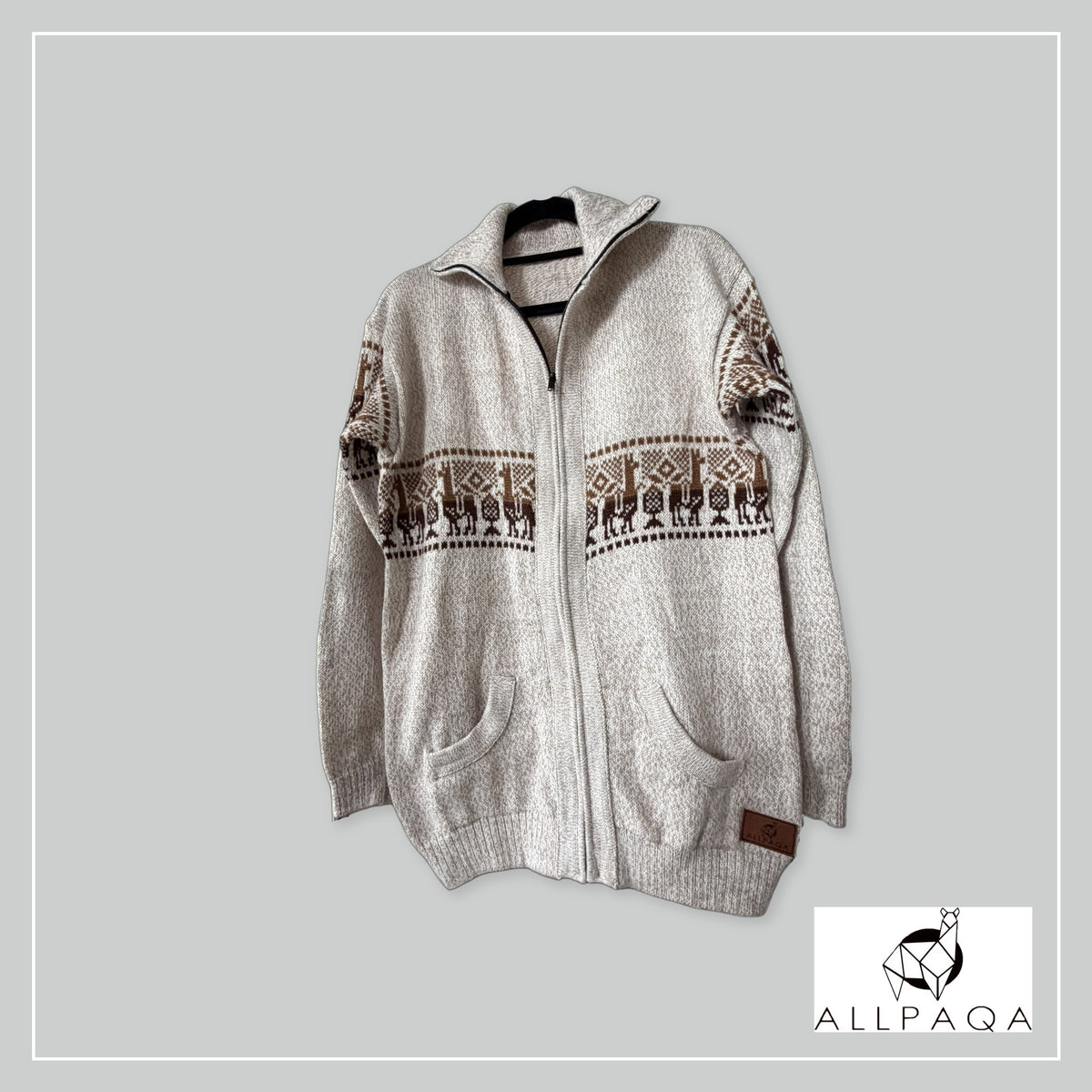 Handmade alpaca cardigan in Cream with alpaca pattern in brown tones