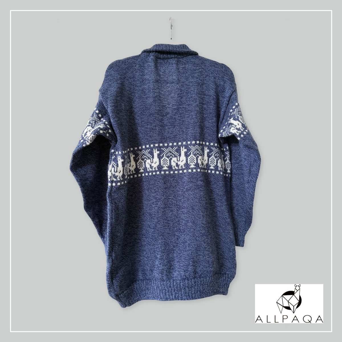 Handmade alpaca cardigan in Blue with alpaca pattern in white - additional image
