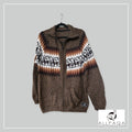 Handmade alpaca cardigan in Brown and white with black alpaca pattern