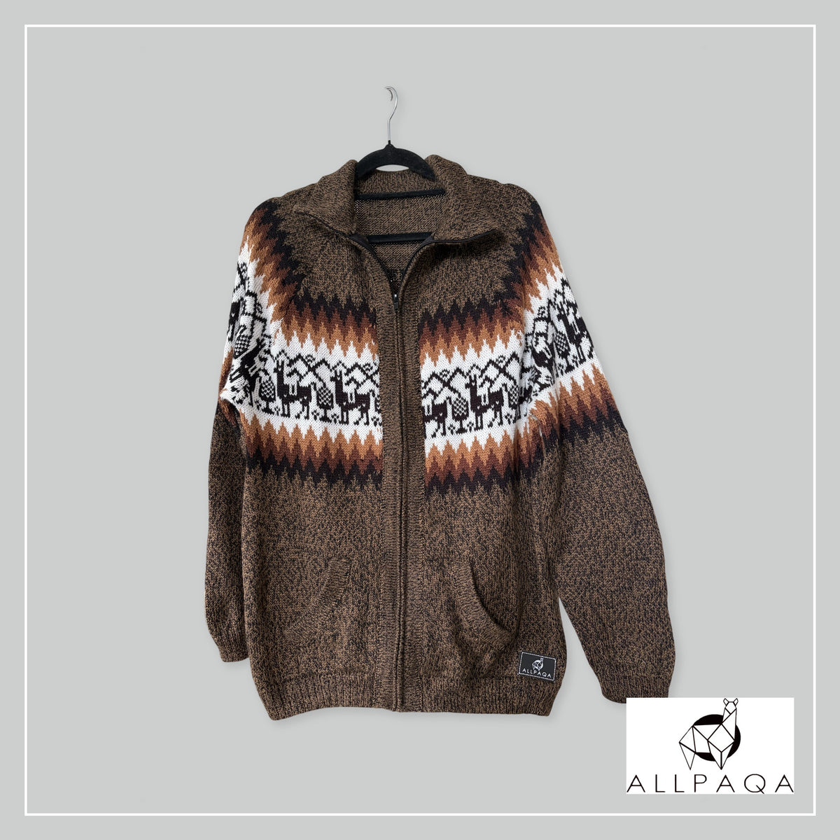 Handmade alpaca cardigan in Brown and white with black alpaca pattern
