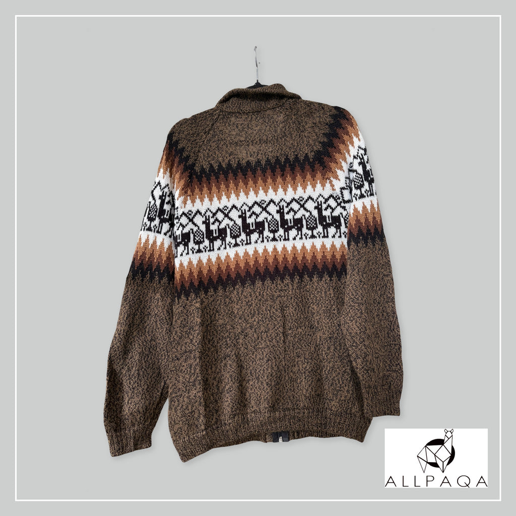 Handmade alpaca cardigan in Brown and white with black alpaca pattern - additional image