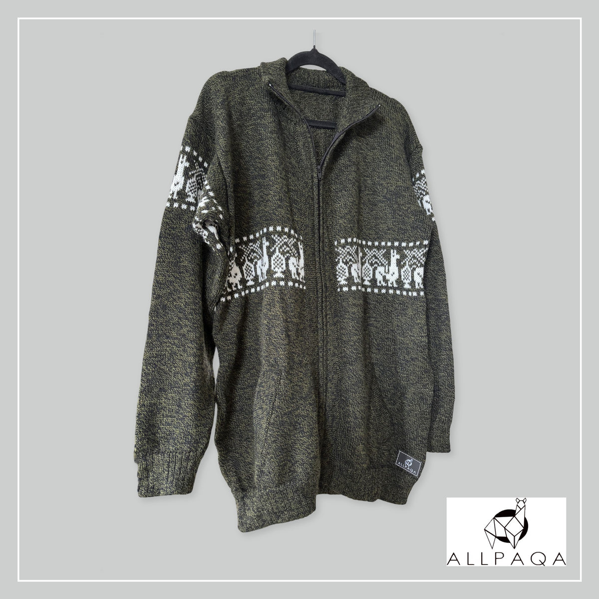 Handmade alpaca cardigan in Dark olive green with white alpaca pattern