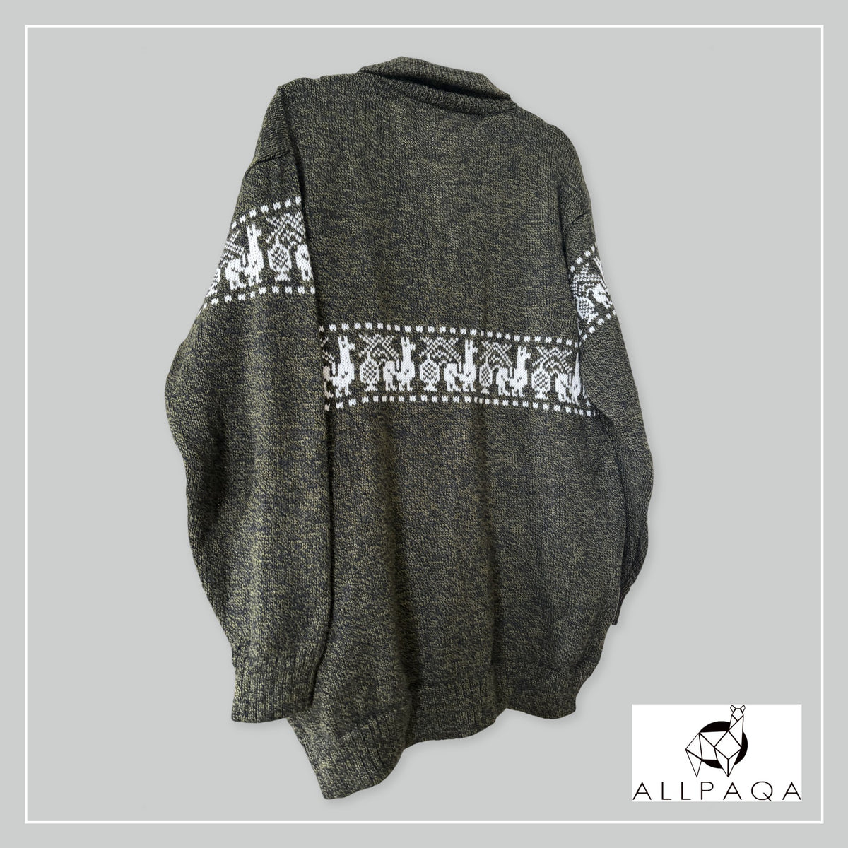 Handmade alpaca cardigan in Dark olive green with white alpaca pattern - additional image