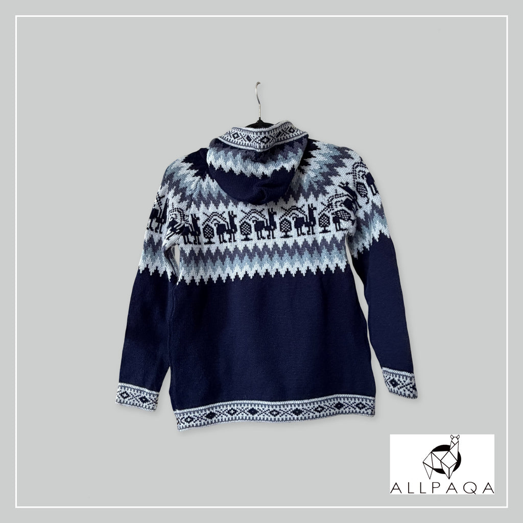 Handmade alpaca hoodie in Dark blue and blue tones with alpaca pattern - additional image