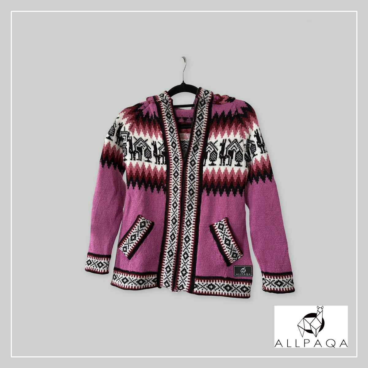 Handmade alpaca hoodie in Deep pink and pink tones with alpaca pattern