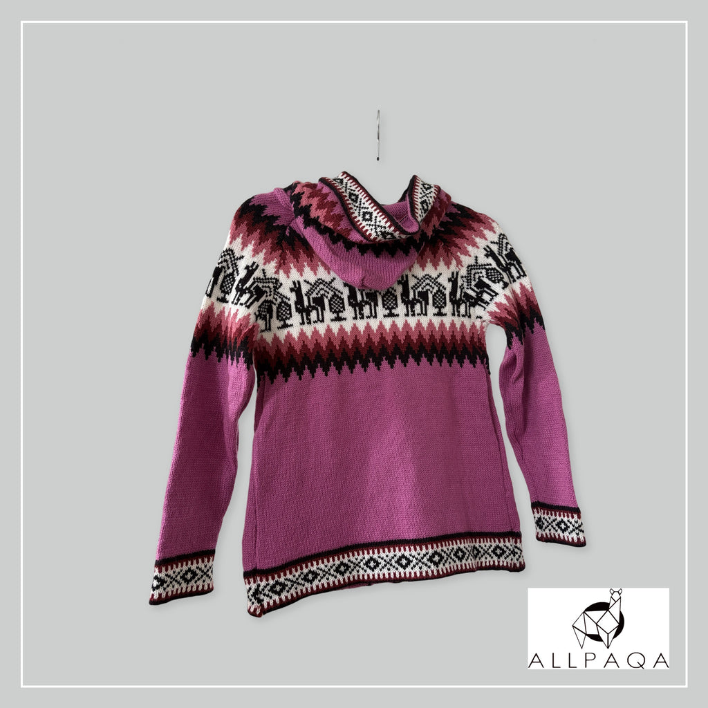Handmade alpaca hoodie in Deep pink and pink tones with alpaca pattern - additional image
