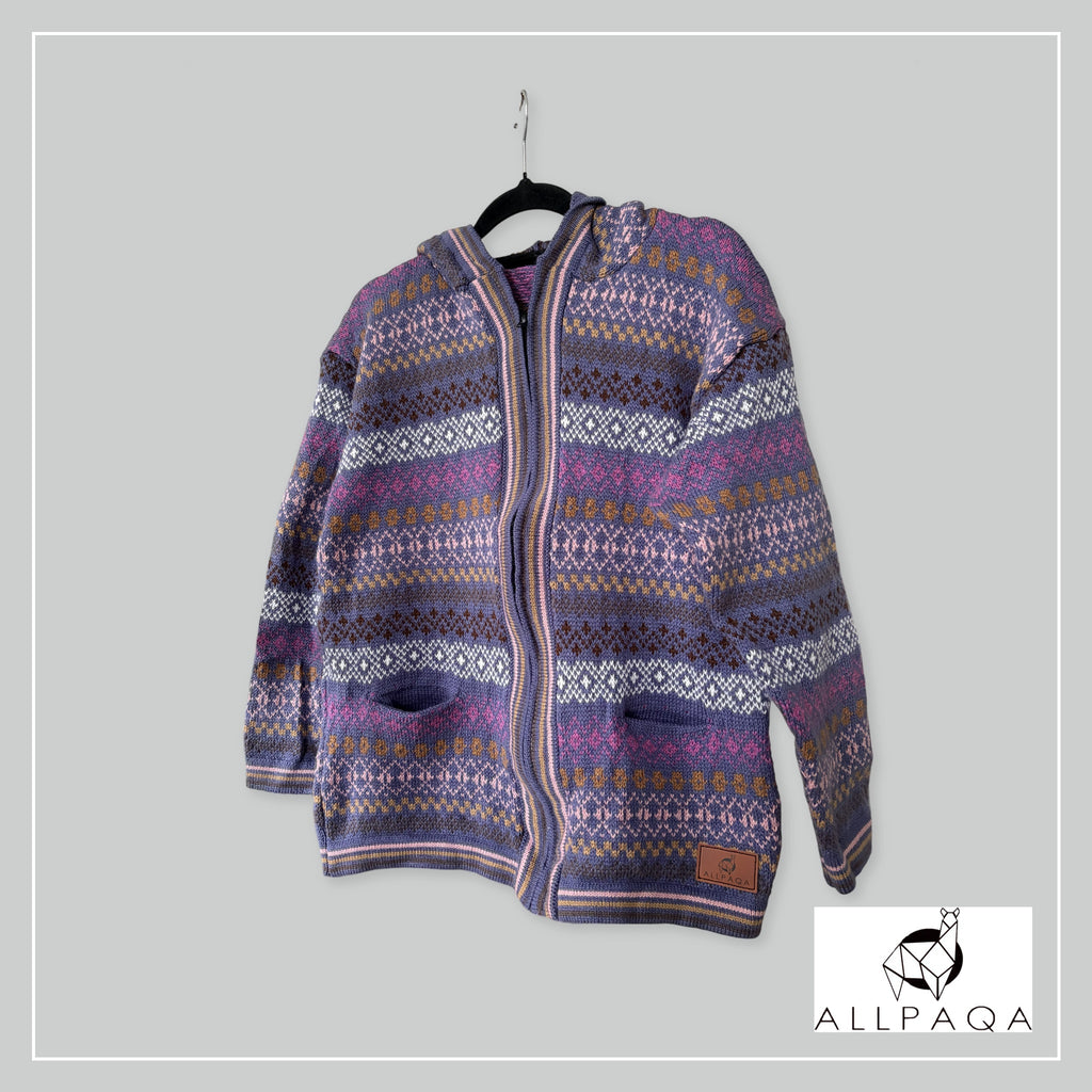 Handmade alpaca hoodie in Tones of purple with pink/brown stripes and patterns
