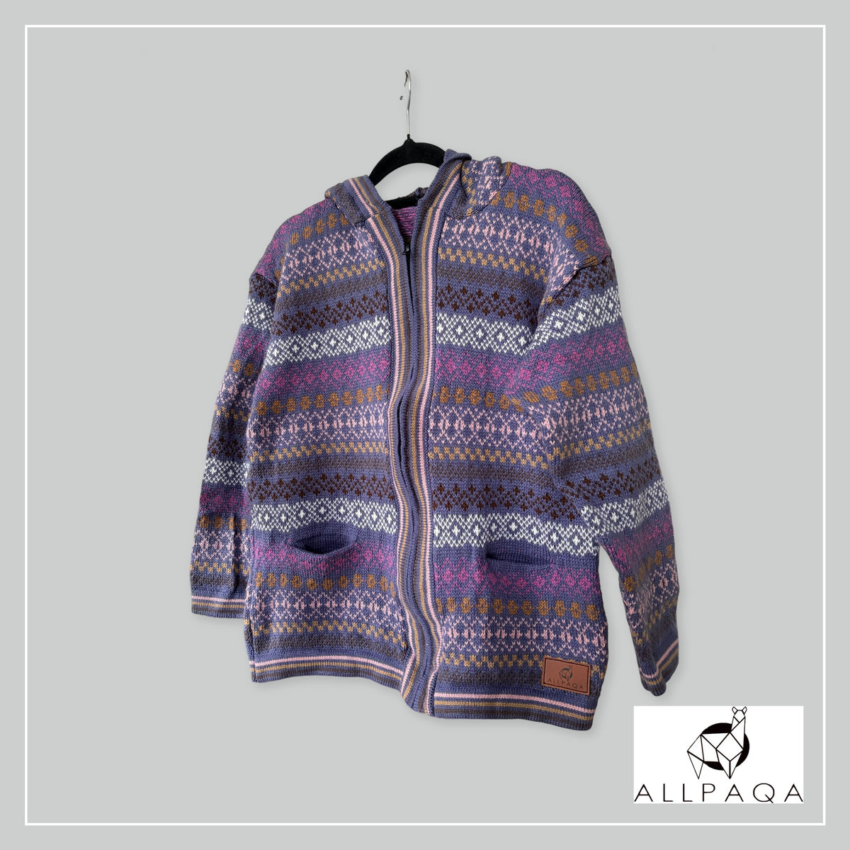Handmade alpaca hoodie in Tones of purple with pink/brown stripes and patterns