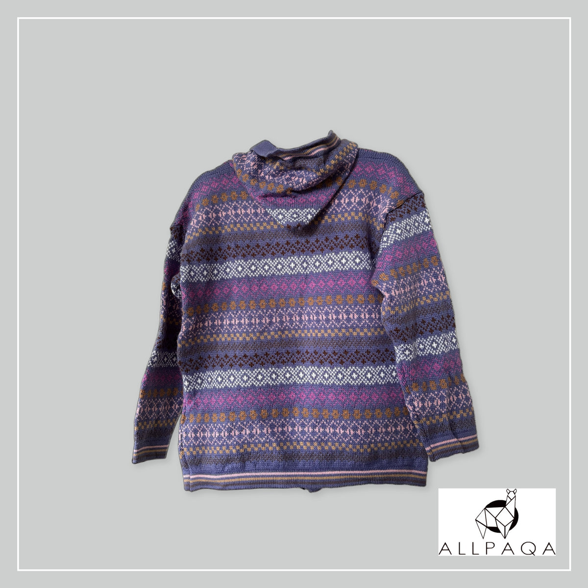 Handmade alpaca hoodie in Tones of purple with pink/brown stripes and patterns - additional image