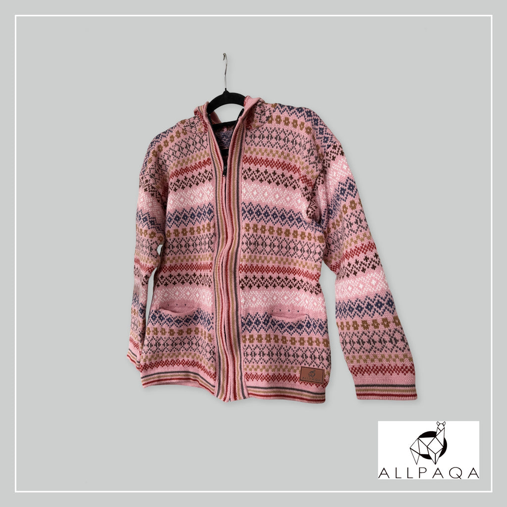 Handmade alpaca hoodie in Tones of pink with blue/brown stripes and patterns