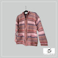 Handmade alpaca hoodie in Tones of pink with blue/brown stripes and patterns