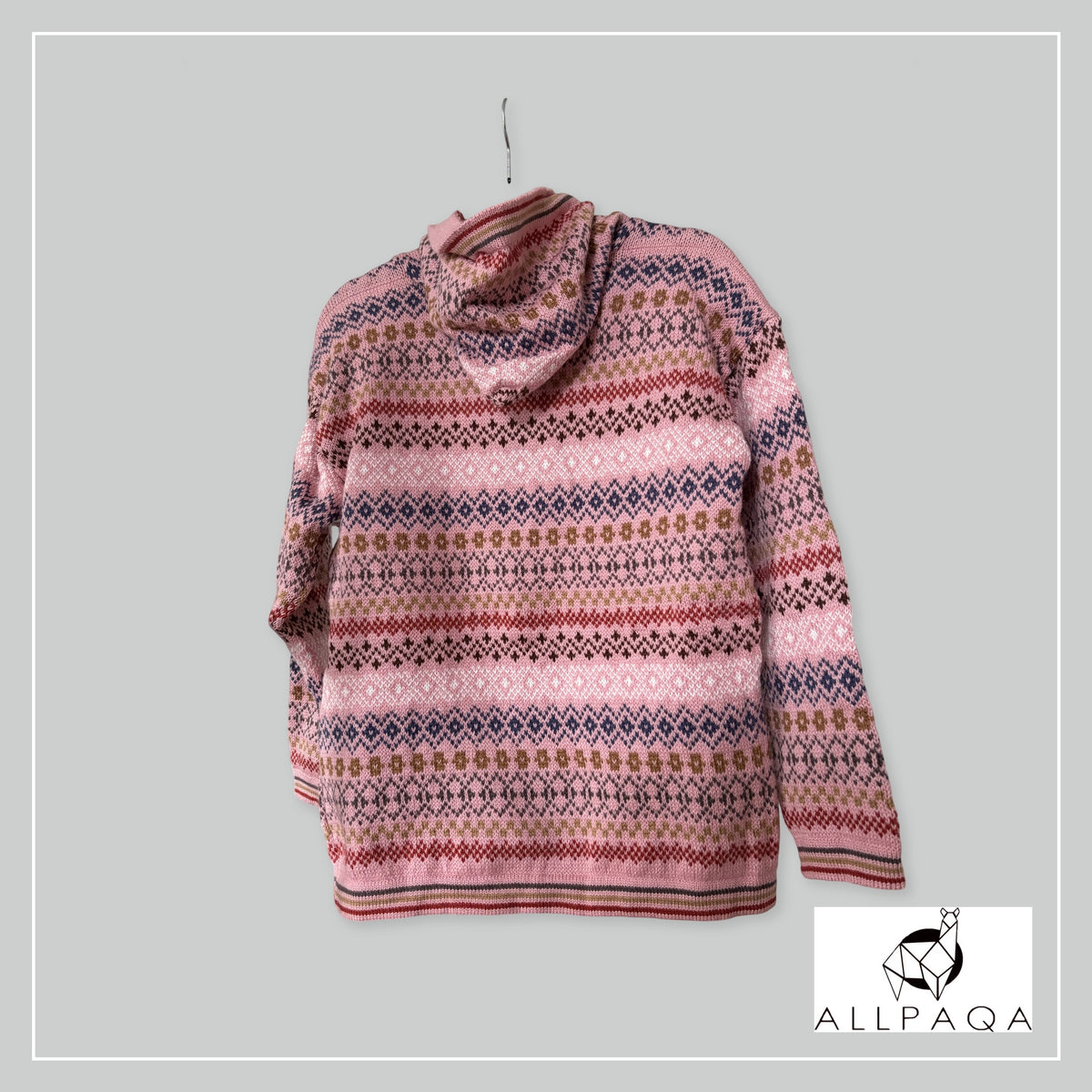Handmade alpaca hoodie in Tones of pink with blue/brown stripes and patterns - additional image