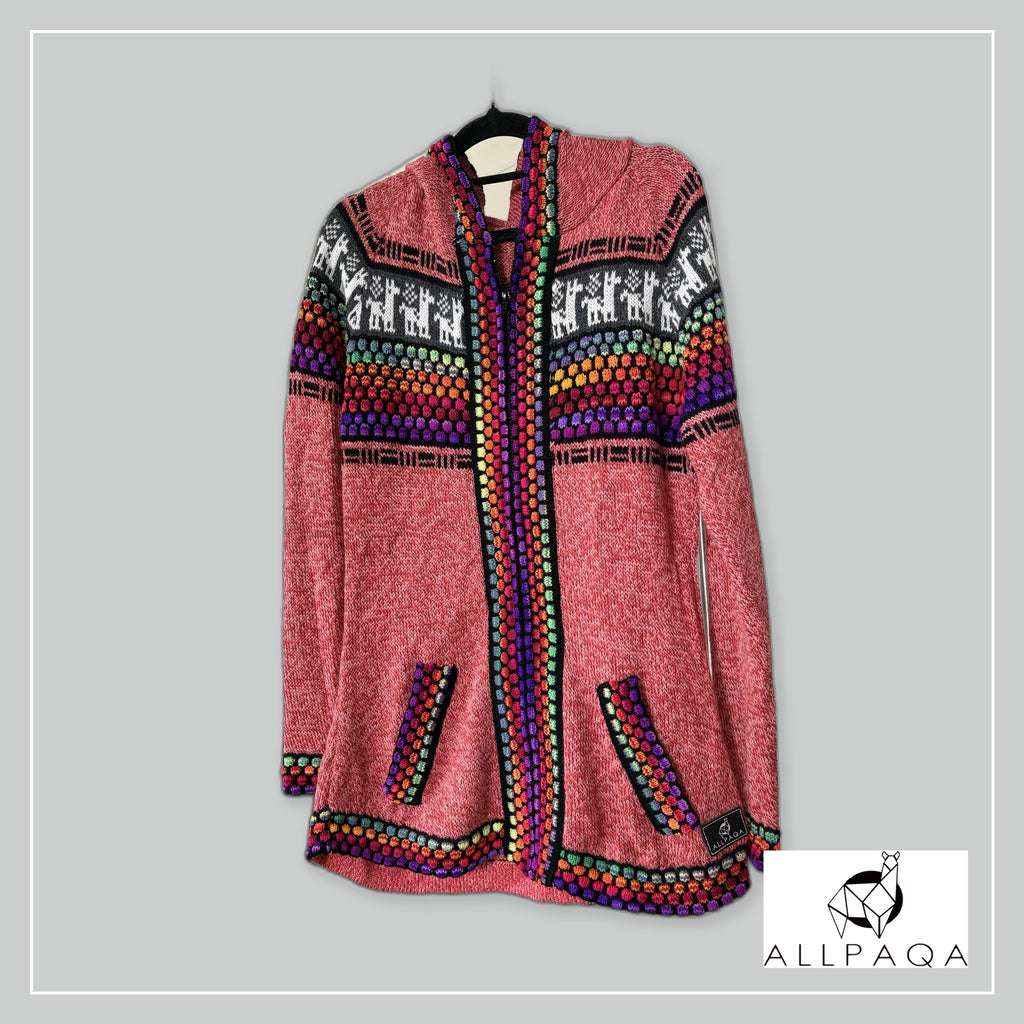 Handmade alpaca hoodie in Salmon pink with multicolour stripes and alpaca details